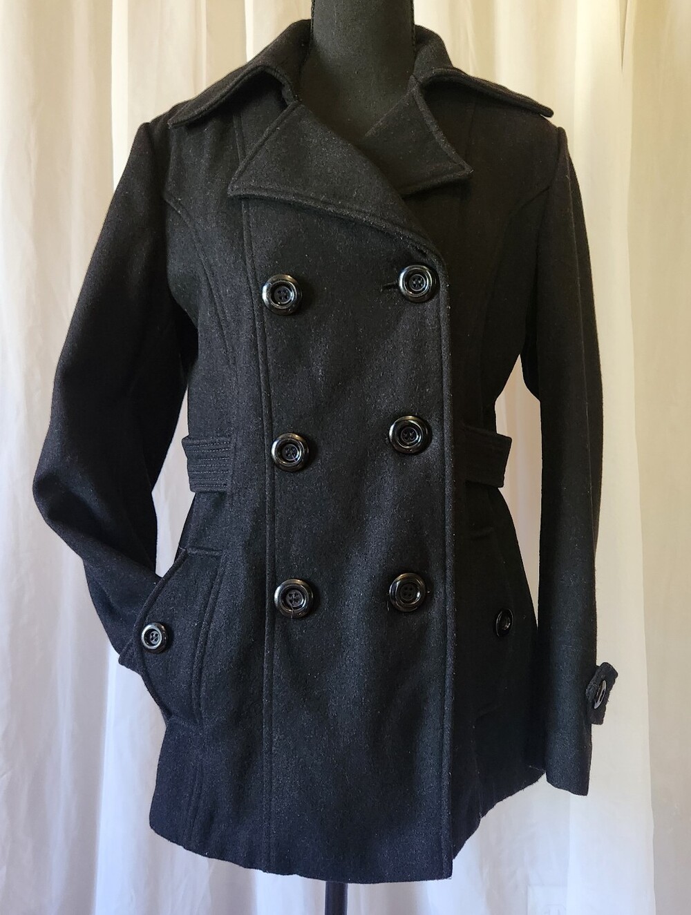Vintage Fashion Bug Wool Blend Black Peacoat Double Breasted Jacket Small
